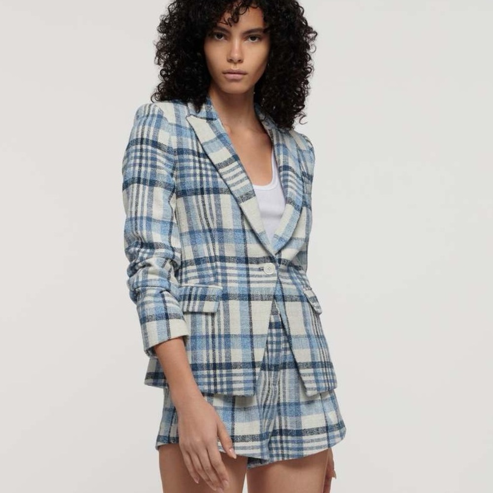 DEREK LAM 10 CROSBY Ralph Plaid Ruched-Sleeve Jacket in Blue/Multi Colored